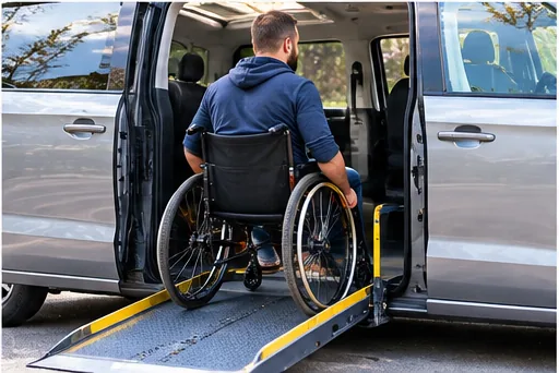 Personne en fauteuil roulant utilisant un véhicule aménagé